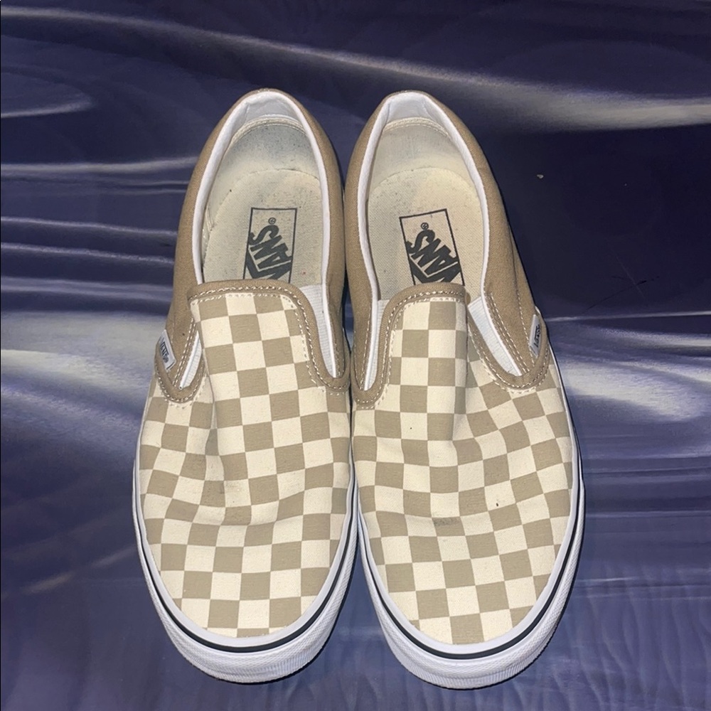 Vans Beige and White Checkerboard Slip-Ons